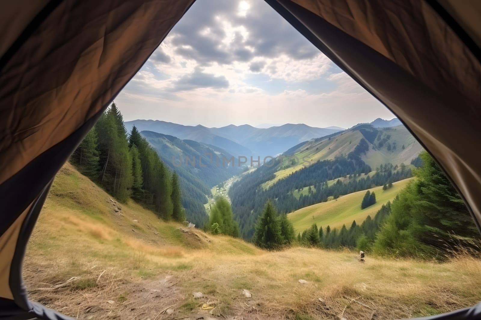 View from tourist tent to the mountain valley at sunny summer morning. Neural network generated in May 2023. Not based on any actual person, scene or pattern.