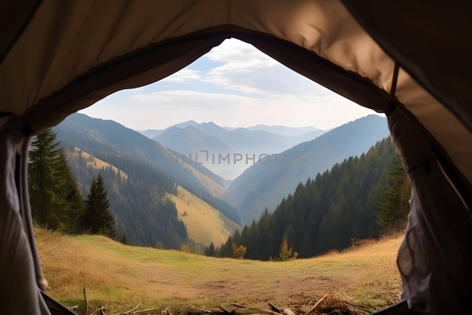 View from tourist tent to the mountain valley at sunny summer morning. Neural network generated in May 2023. Not based on any actual person, scene or pattern.