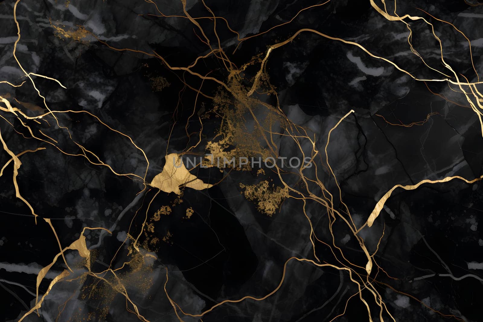 seamless black marble texture with golden veins. Neural network generated in May 2023. Not based on any actual person, scene or pattern.