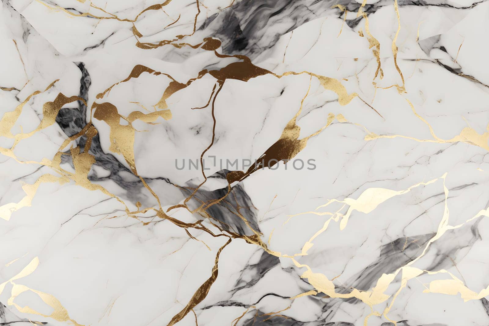 seamless white marble texture with black and golden veins. Neural network generated in May 2023. Not based on any actual person, scene or pattern.