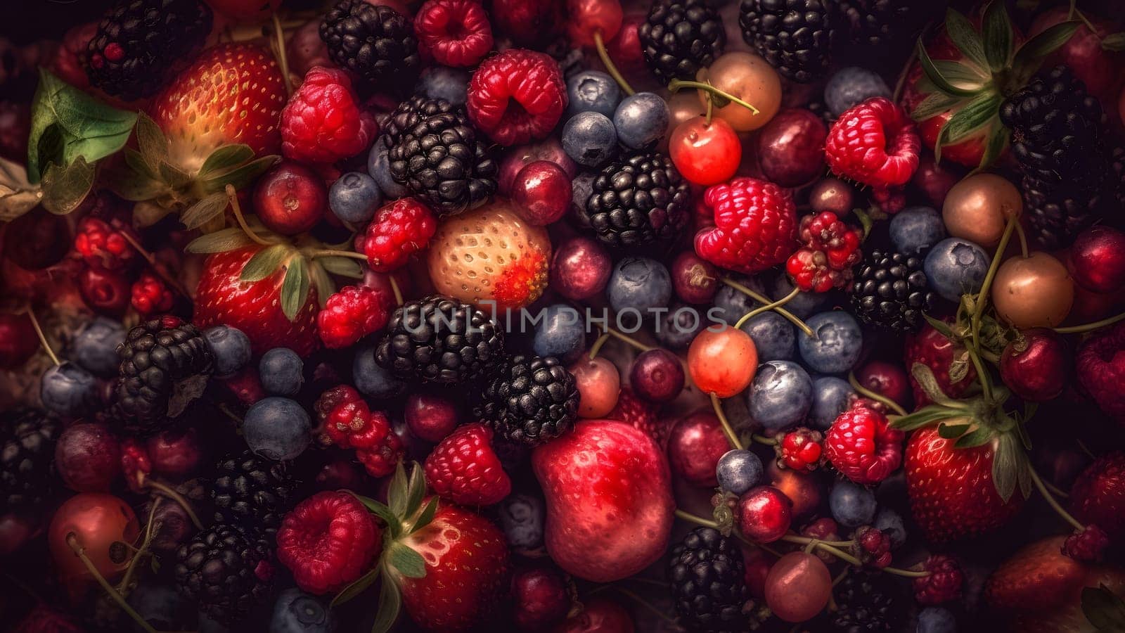 Berry mix photorealistic colorful full-frame closeup high angle view background, neural network generated image by z1b