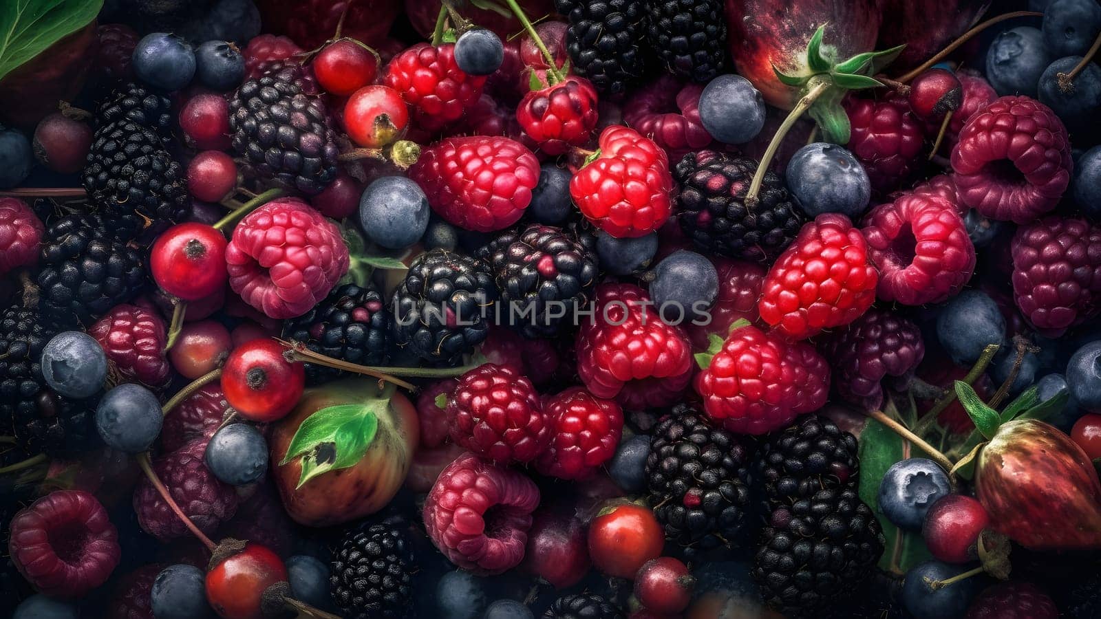 Berry mix photorealistic colorful full-frame closeup high angle view background. Neural network generated in May 2023. Not based on any actual person, scene or pattern.
