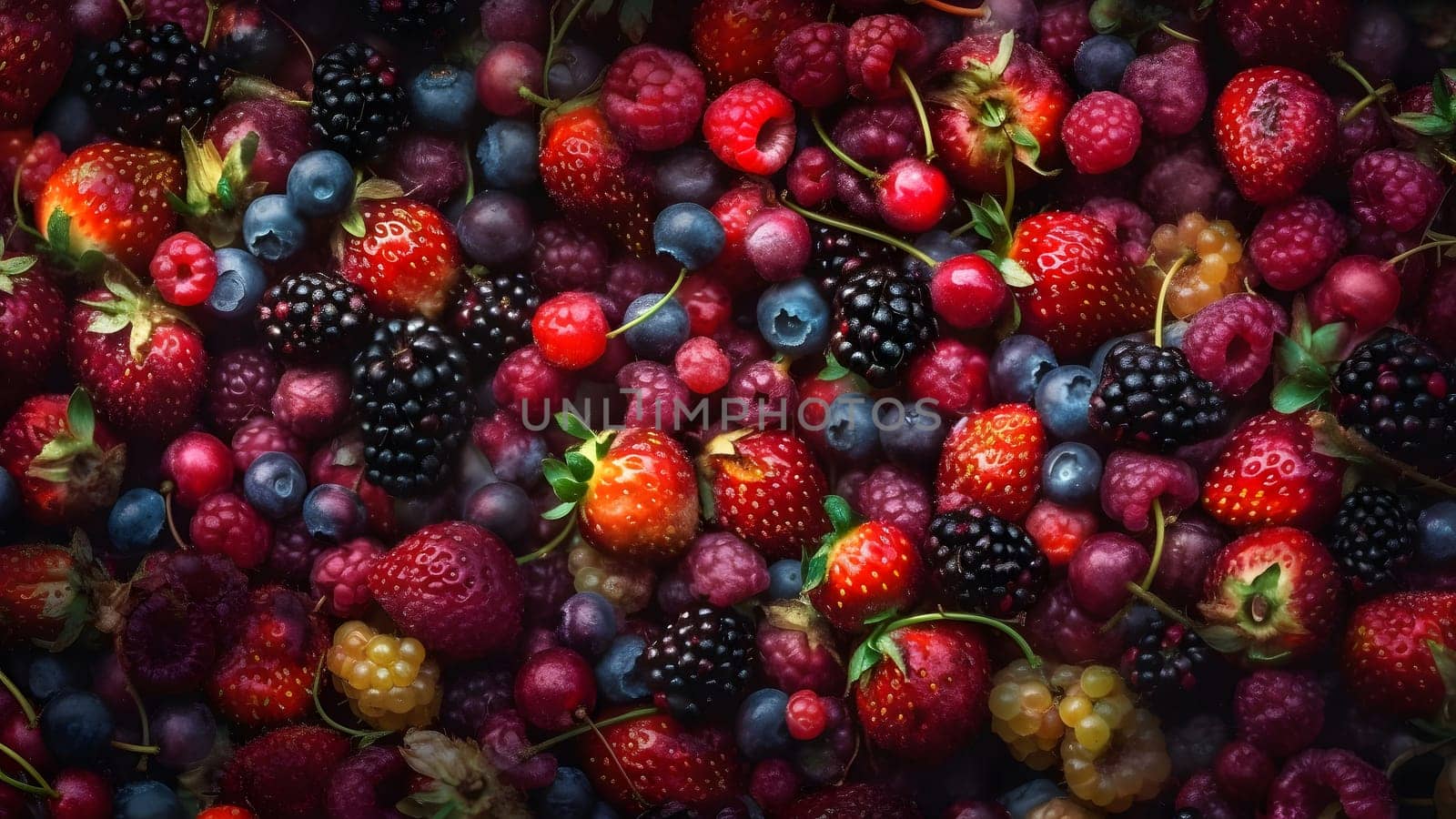 Berry mix photorealistic colorful full-frame closeup high angle view background. Neural network generated in May 2023. Not based on any actual person, scene or pattern.