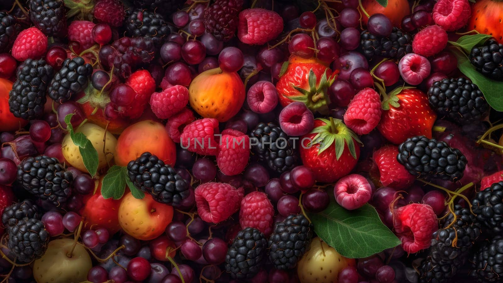 Berry mix photorealistic colorful full-frame closeup high angle view background, neural network generated image by z1b