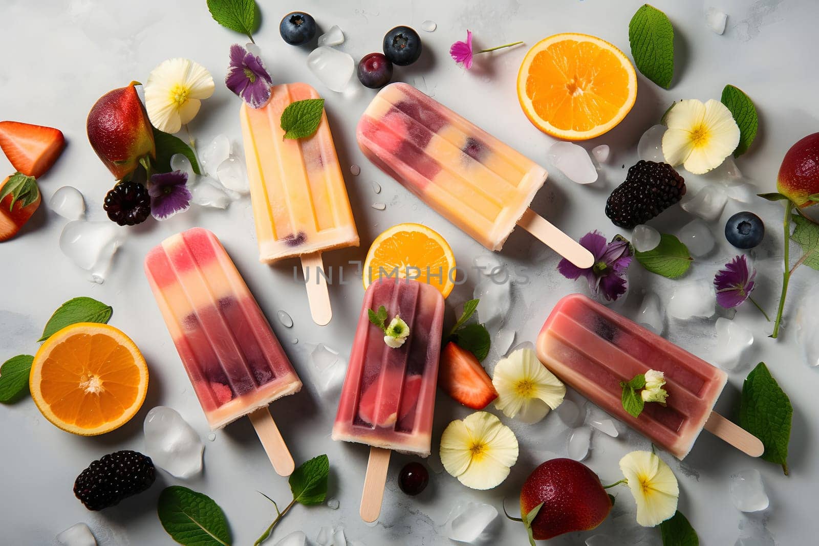 ice cream popsicles with fruits and ice cube on flat surface, high angle view. Neural network generated in May 2023. Not based on any actual person, scene or pattern.