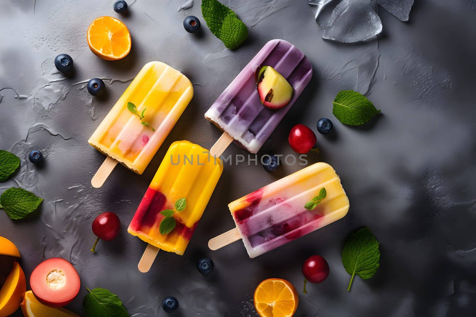 ice cream popsicles with fruits and ice cube on flat surface, high angle view. Neural network generated in May 2023. Not based on any actual person, scene or pattern.