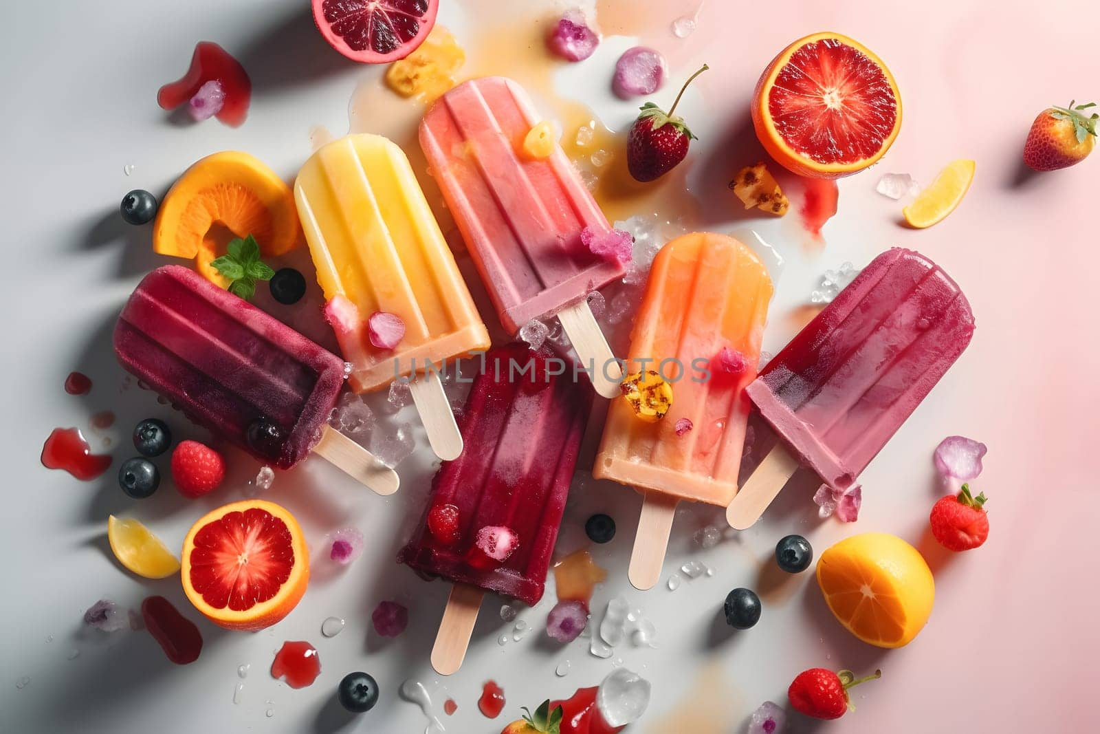 ice cream popsicles with fruits and ice cube on flat surface, high angle view, neural network generated image by z1b