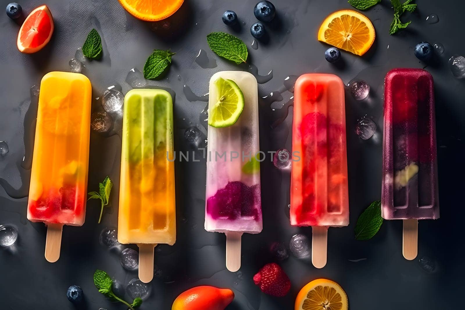 ice cream popsicles with fruits and ice cube on flat surface, high angle view. Neural network generated in May 2023. Not based on any actual person, scene or pattern.