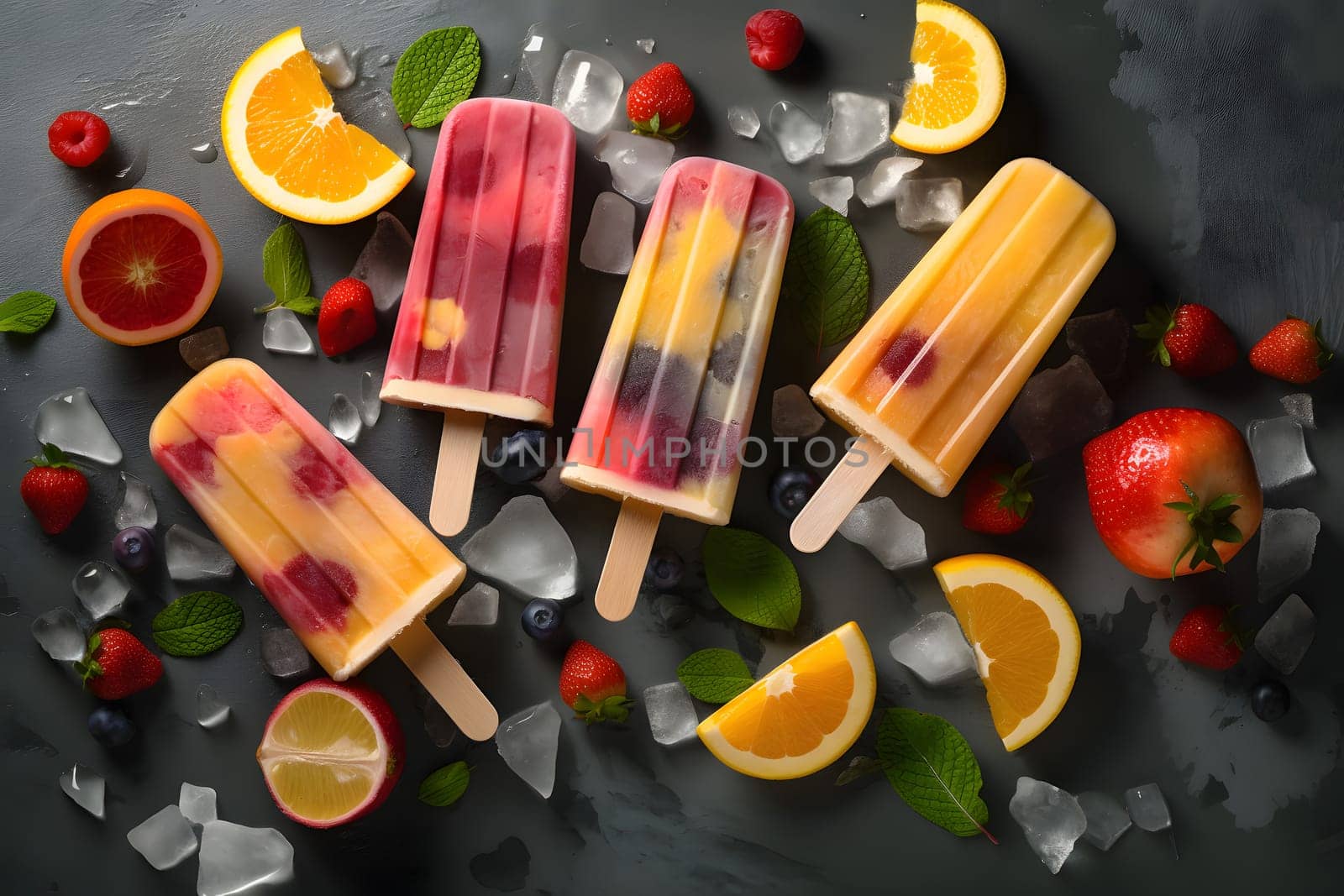 ice cream popsicles with fruits and ice cube on flat surface, high angle view, neural network generated image by z1b