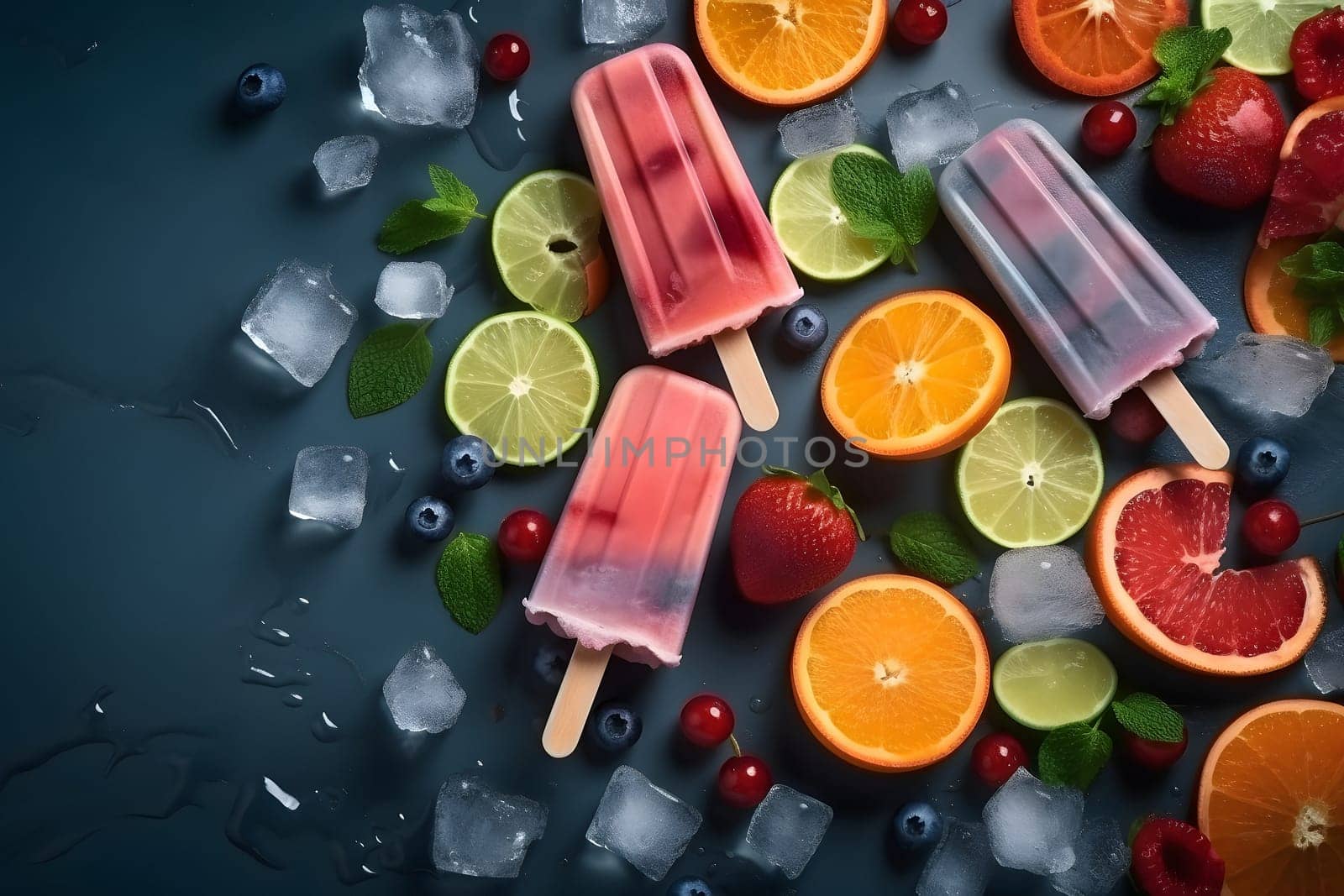 ice cream popsicles with fruits and ice cube on flat surface, high angle view, neural network generated image by z1b