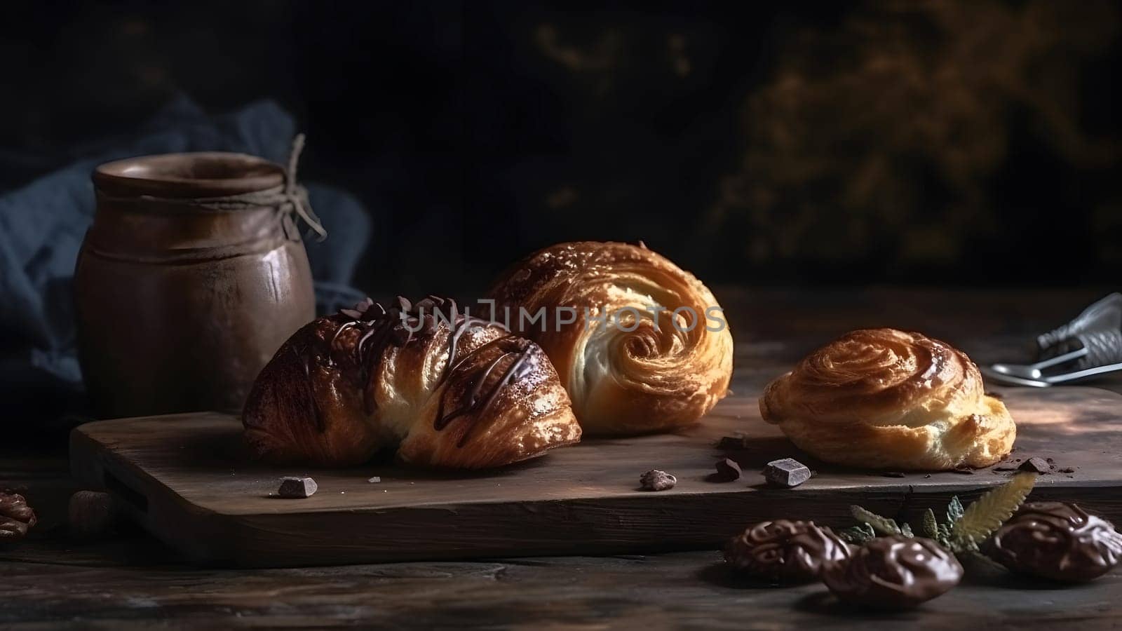 Freshly baked sweet croissant puff pastry buns with chocolate on wooden board. Neural network generated in May 2023. Not based on any actual scene or pattern.