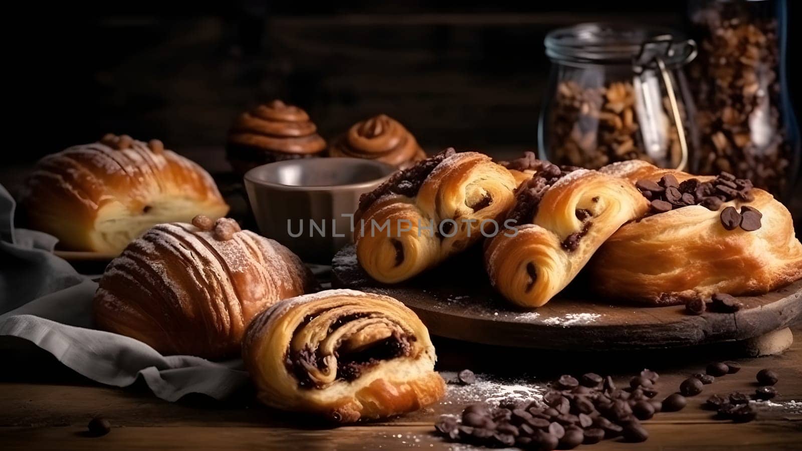 Freshly baked sweet croissant puff pastry buns with chocolate on wooden board, neural network generated image by z1b