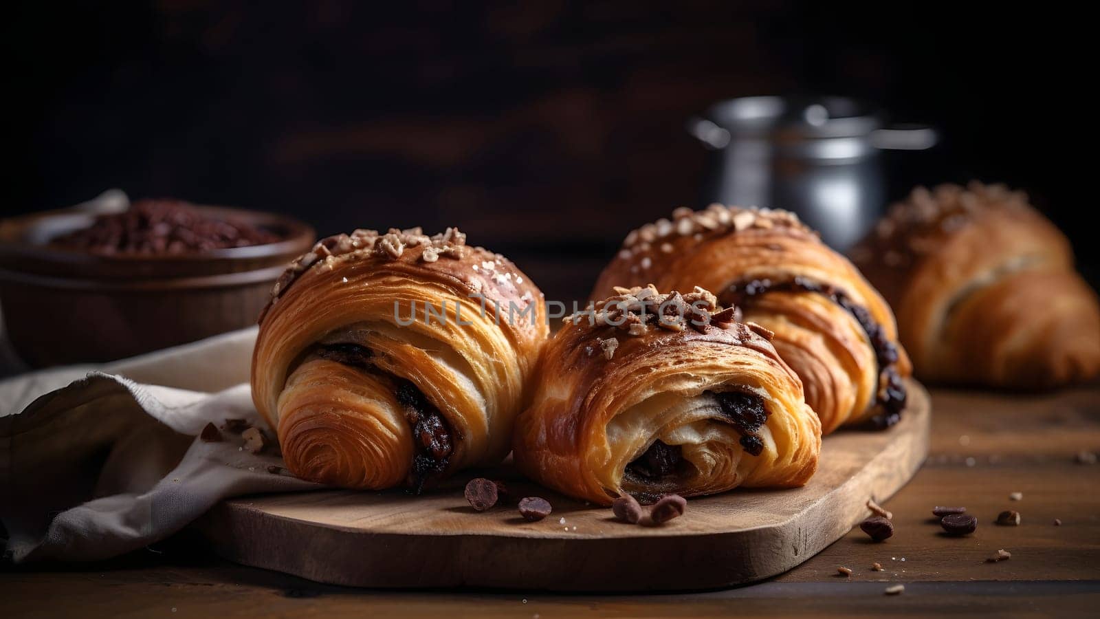 Freshly baked sweet croissant puff pastry buns with chocolate on wooden board. Neural network generated in May 2023. Not based on any actual scene or pattern.