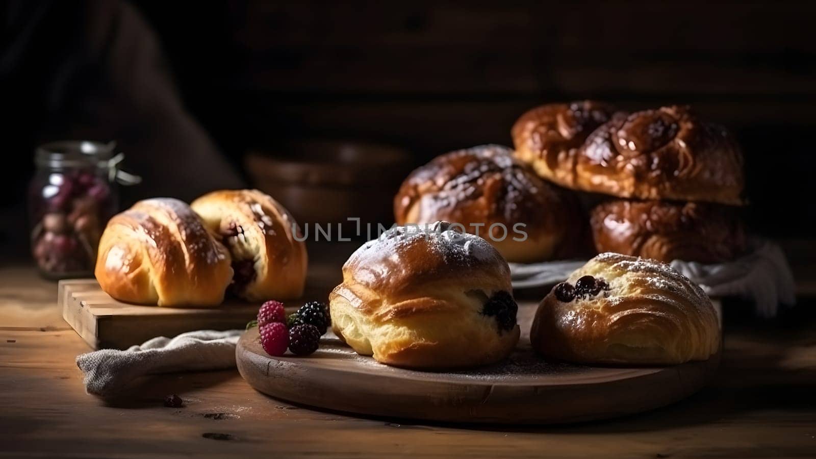 Freshly baked sweet croissant puff pastry buns with chocolate on wooden board, neural network generated image by z1b