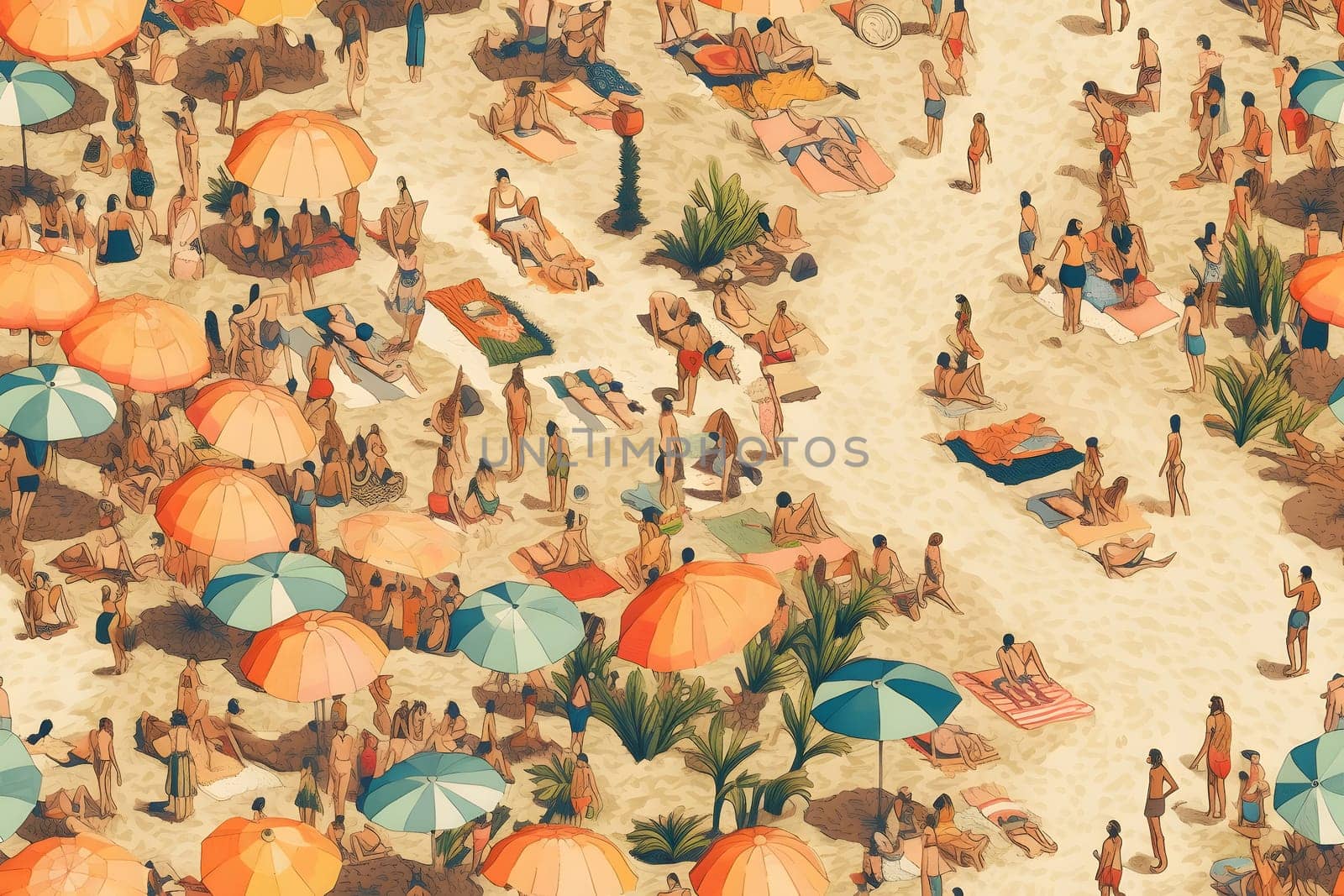 seamless background of aerial view on crowded sand beach, neural network generated image by z1b