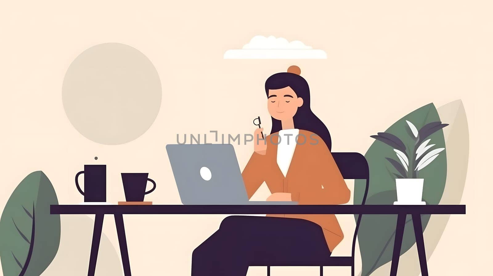 Flat 2d style illustration of successful businesswoman working at table. Neural network generated in May 2023. Not based on any actual person, scene or pattern.