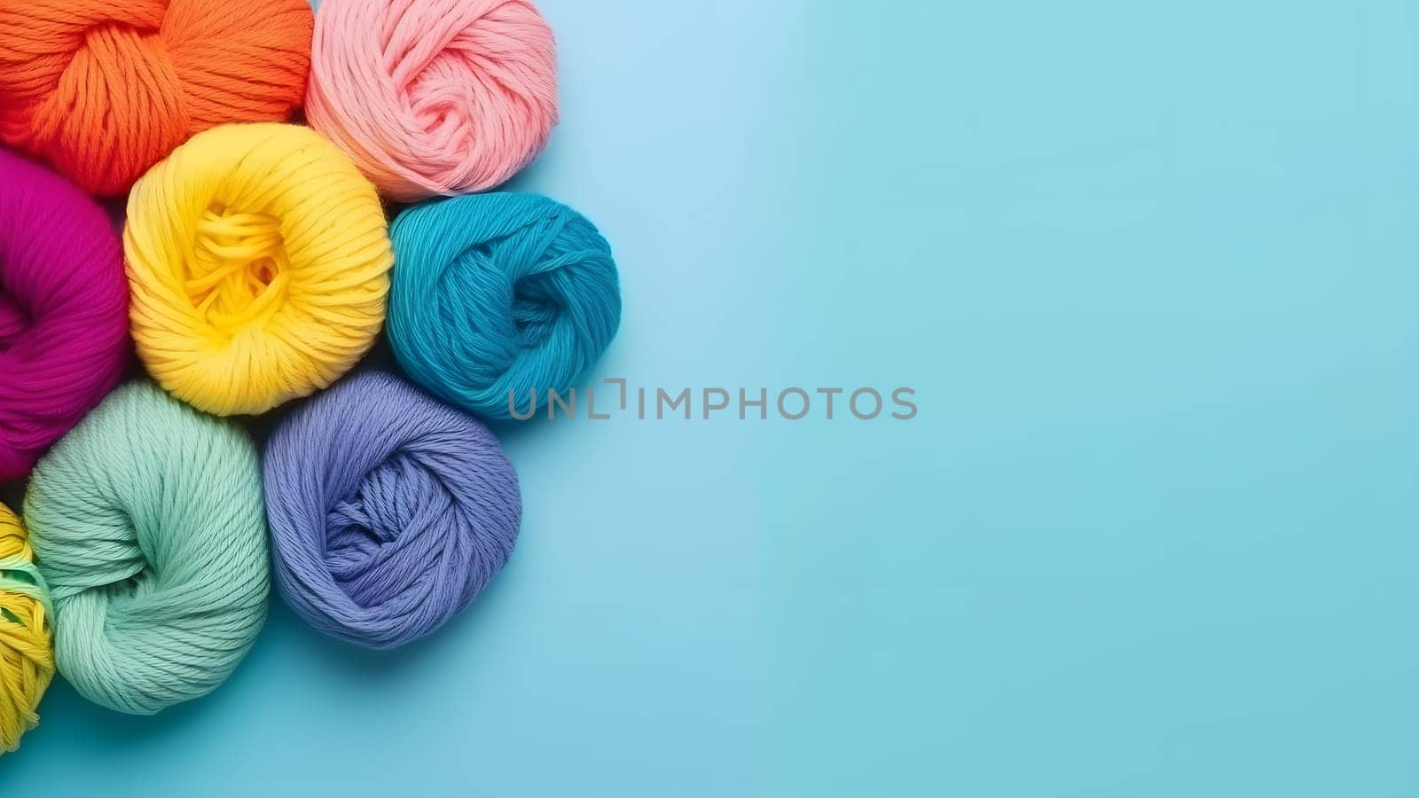 Knitting background with rainbow colorful yarn over blue background with copy space, neural network generated picture by z1b
