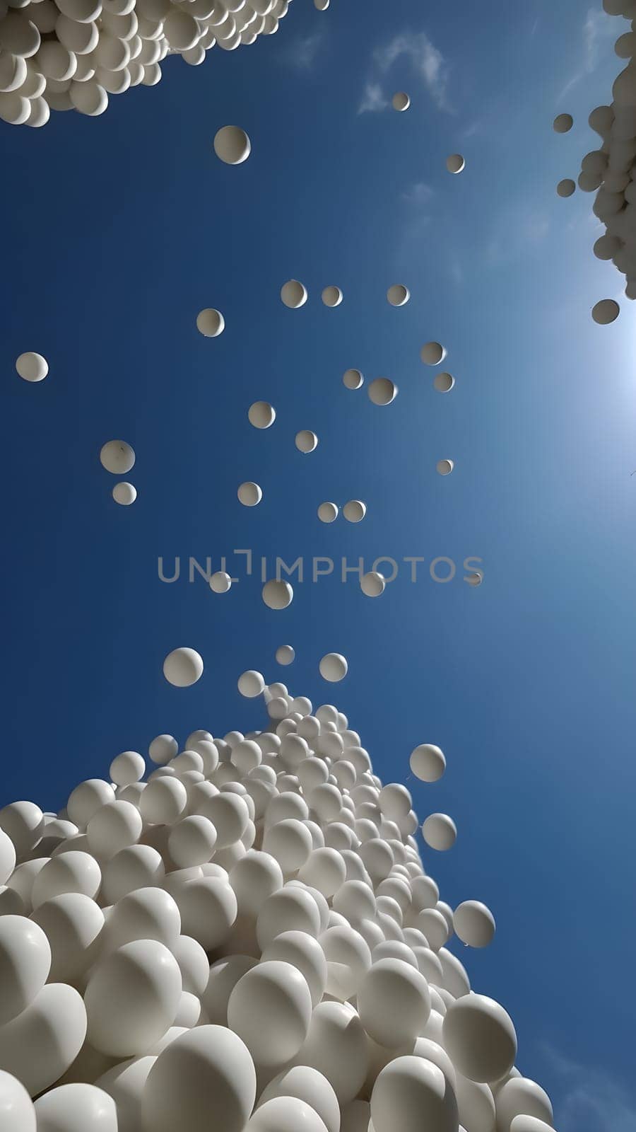 many soft white balls on blue sky background, minimalistic wallpaper. Neural network generated in May 2023. Not based on any actual person, scene or pattern.