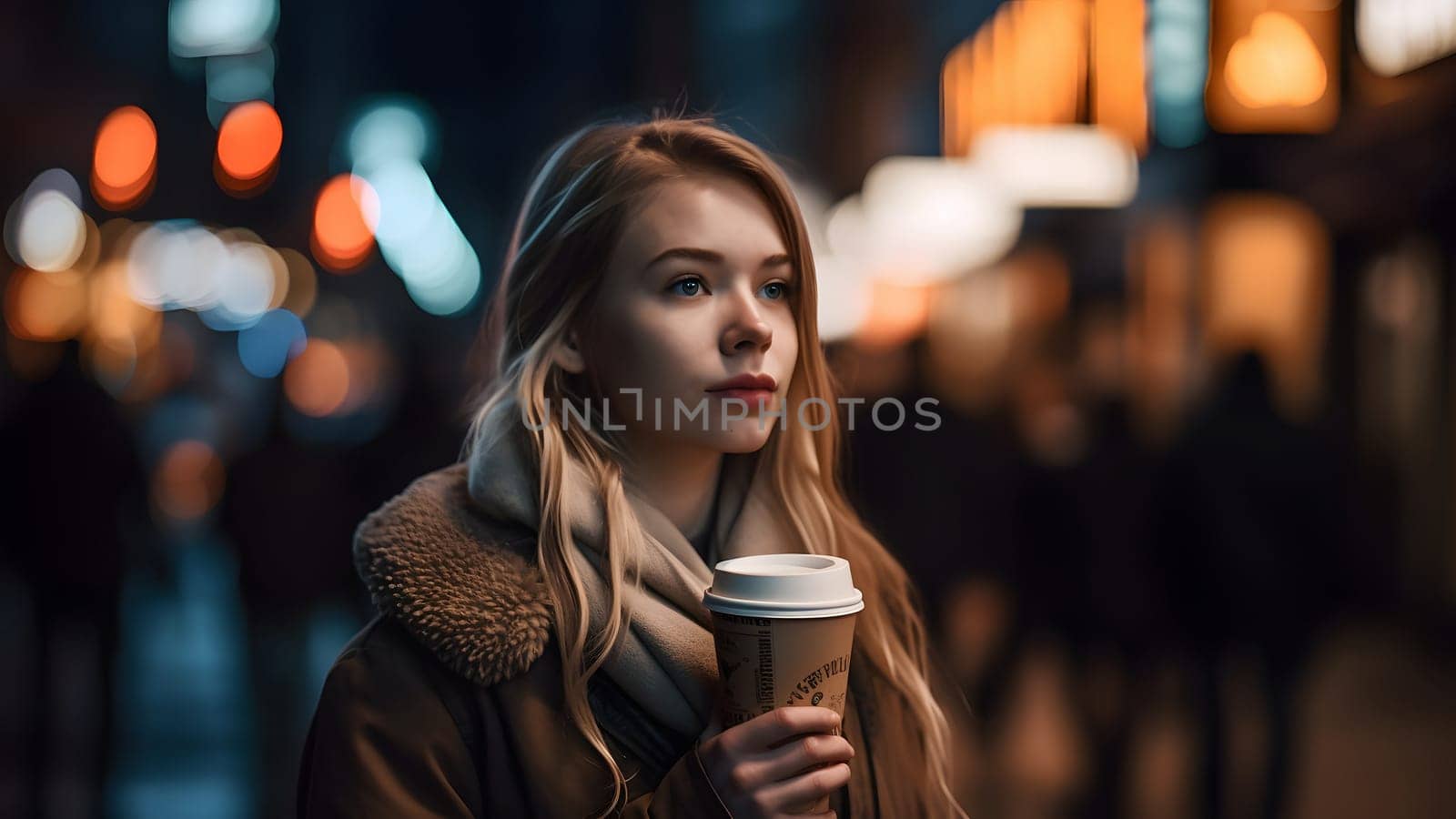 young beautiful blonde femine woman at night city street holding cardboard cup of coffee. Neural network generated in May 2023. Not based on any actual person, scene or pattern.