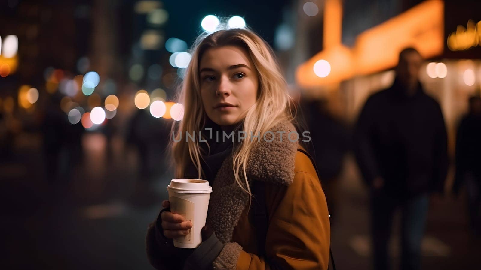 young beautiful blonde femine woman at night city street holding cardboard cup of coffee. Neural network generated in May 2023. Not based on any actual person, scene or pattern.