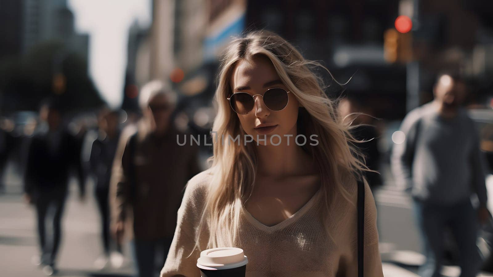 young beautiful blonde femine woman wearing sunglasses at daytime city street holding cardboard cup of coffee. Neural network generated in May 2023. Not based on any actual person, scene or pattern.