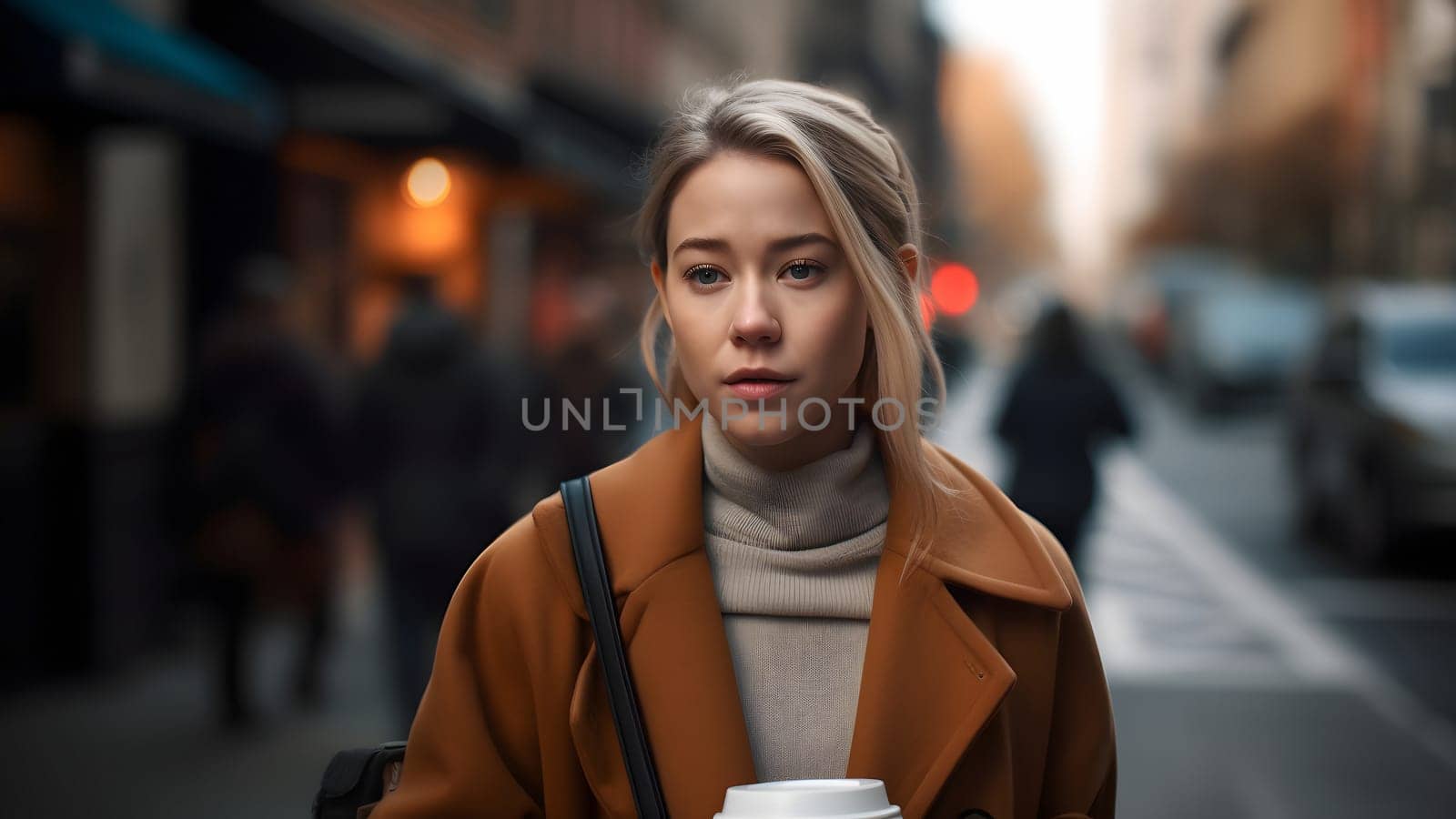 young beautiful blonde femine woman at daytime city street holding cardboard cup of coffee. Neural network generated in May 2023. Not based on any actual person, scene or pattern.