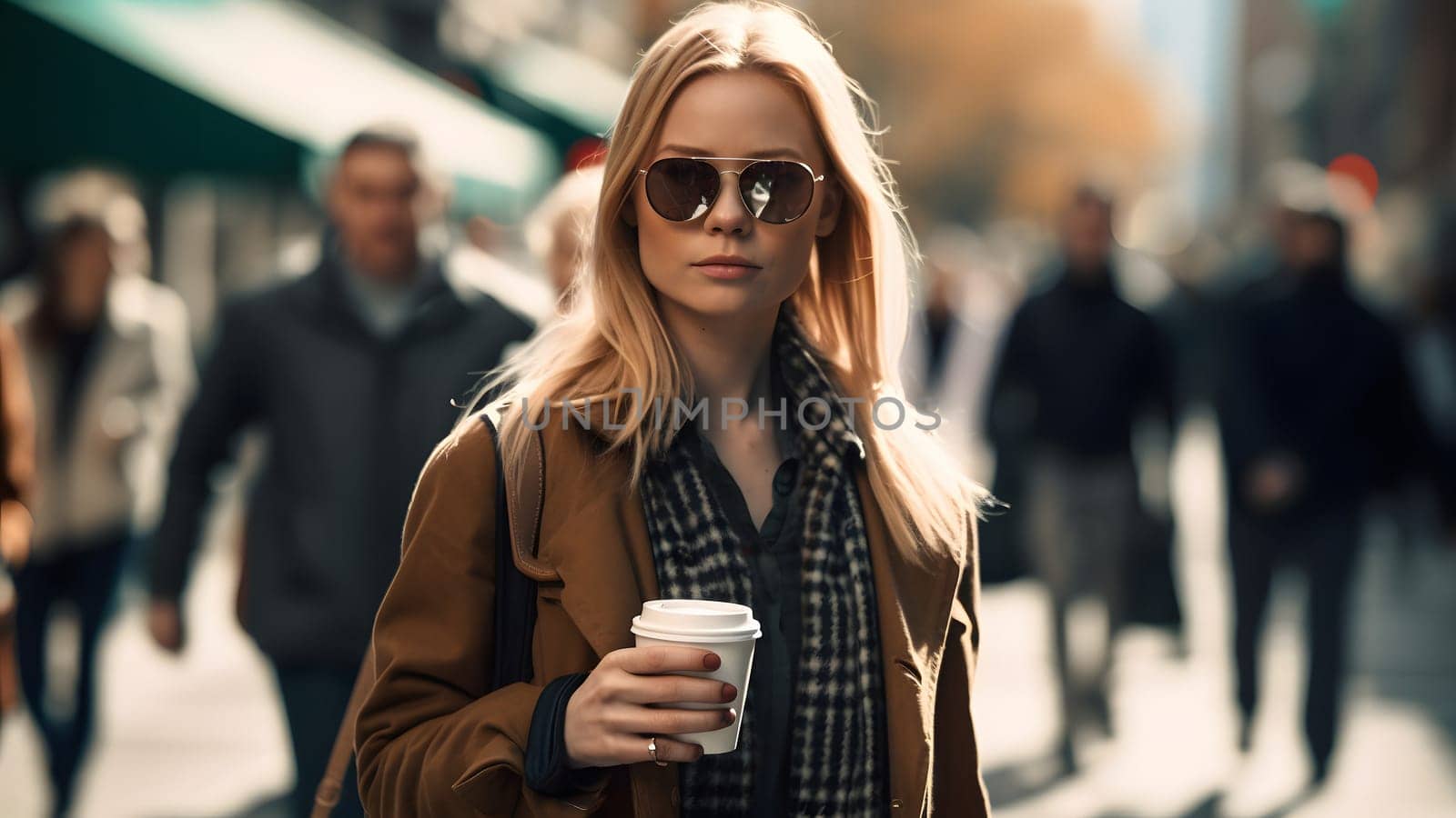 young beautiful blonde femine woman wearing sunglasses at daytime city street holding cardboard cup of coffee. Neural network generated in May 2023. Not based on any actual person, scene or pattern.