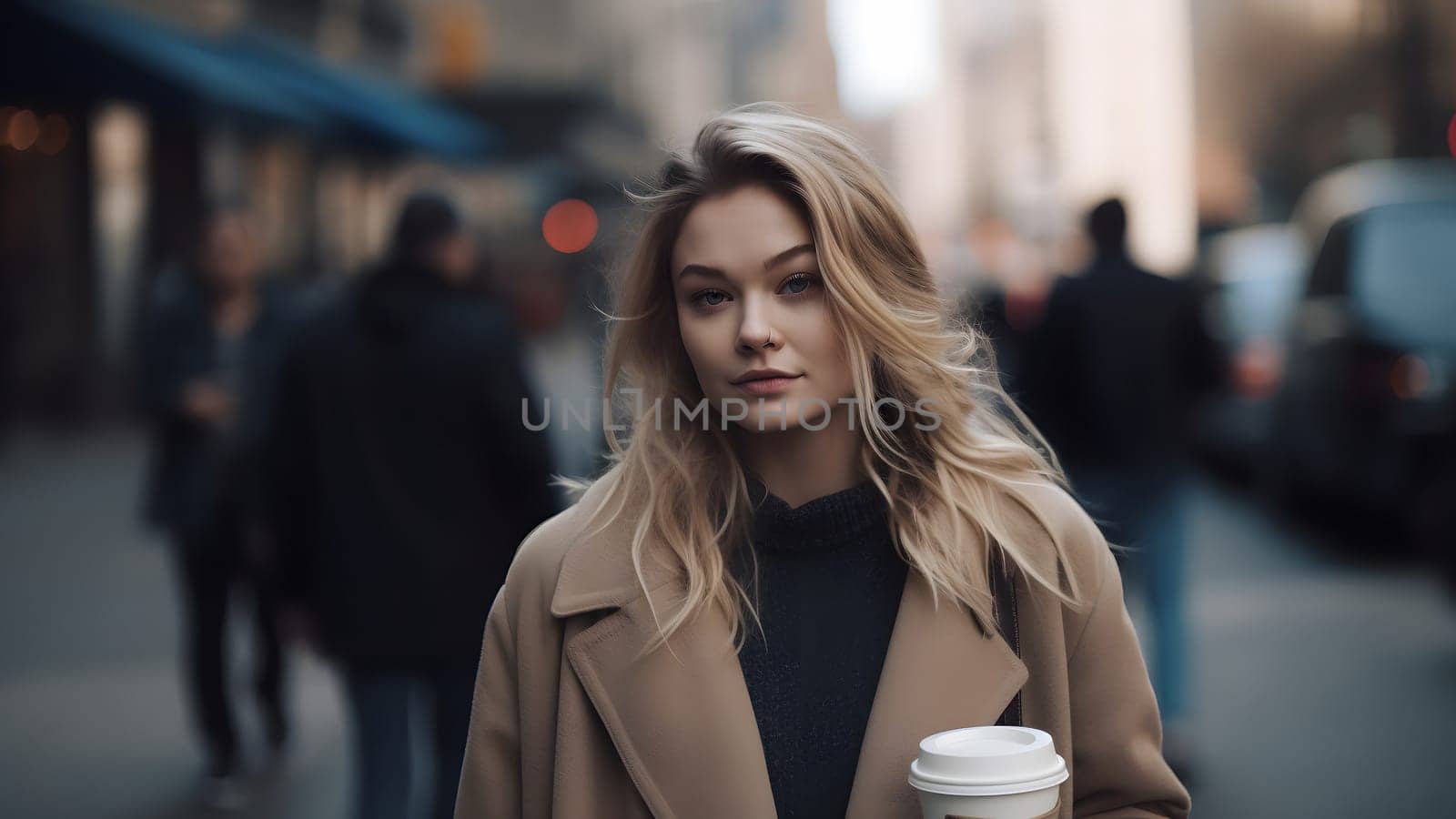 young beautiful blonde femine woman at daytime city street holding paper cup of coffee. Neural network generated in May 2023. Not based on any actual person, scene or pattern.