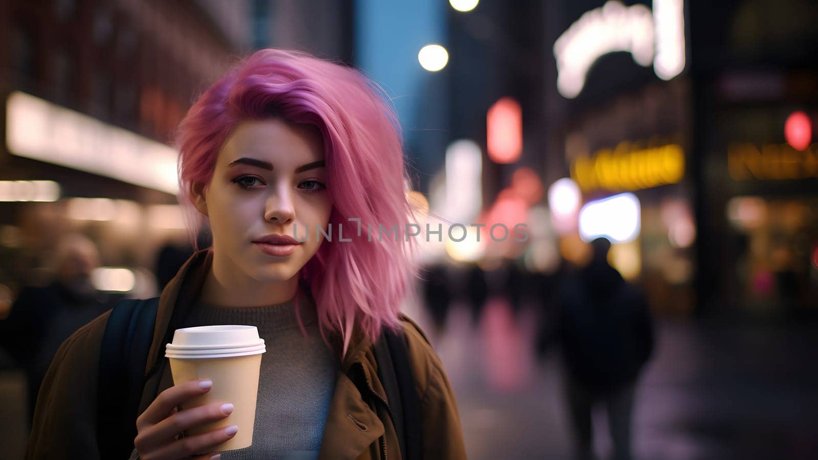 young beautiful pink-haired femine woman at night city street holding cardboard cup of coffee. Neural network generated in May 2023. Not based on any actual person, or scene.