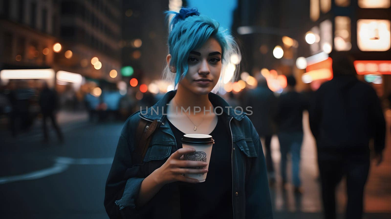 young beautiful blue haired femine woman at night city street holding cardboard cup of coffee. Neural network generated in May 2023. Not based on any actual person, scene or pattern.