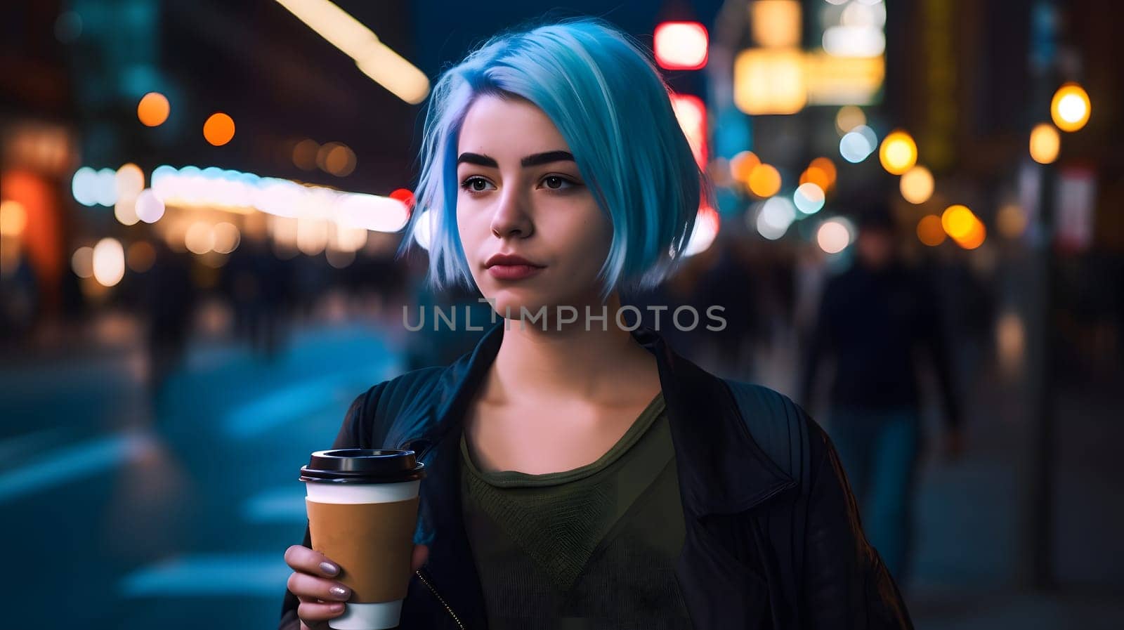 young beautiful blue haired femine woman at night city street holding cardboard cup of coffee. Neural network generated in May 2023. Not based on any actual person, scene or pattern.