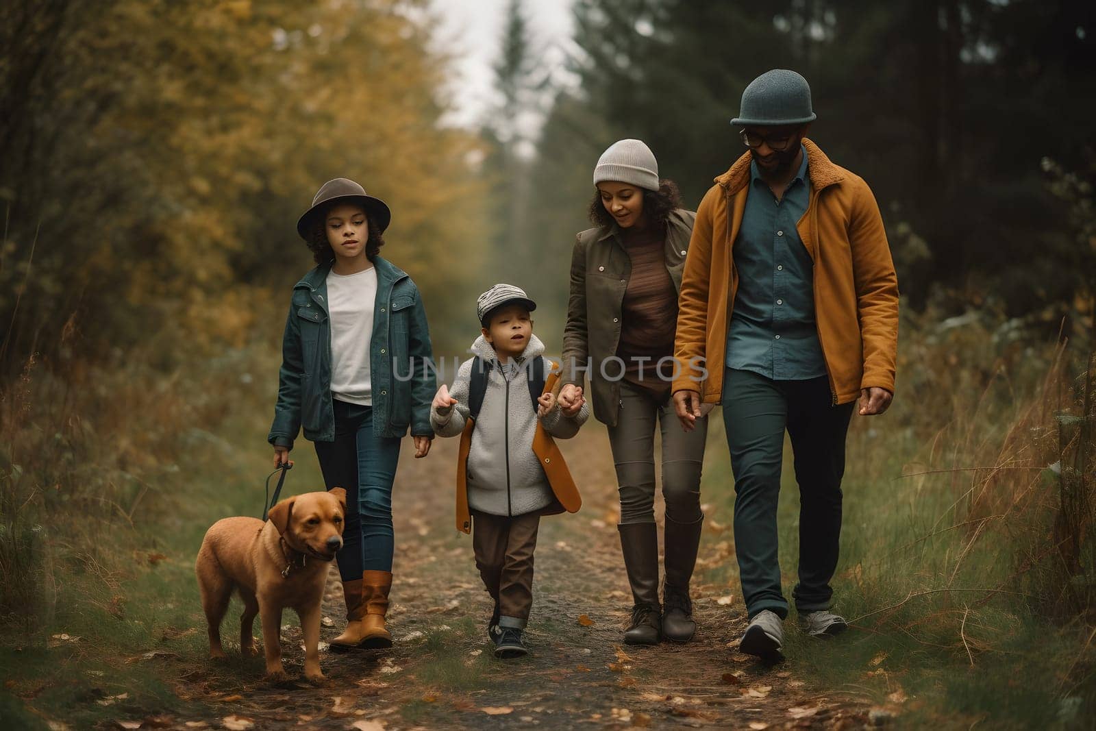 Diverse familiy in summer forest parkland at day light. Neural network generated in May 2023. Not based on any actual person, scene or pattern.