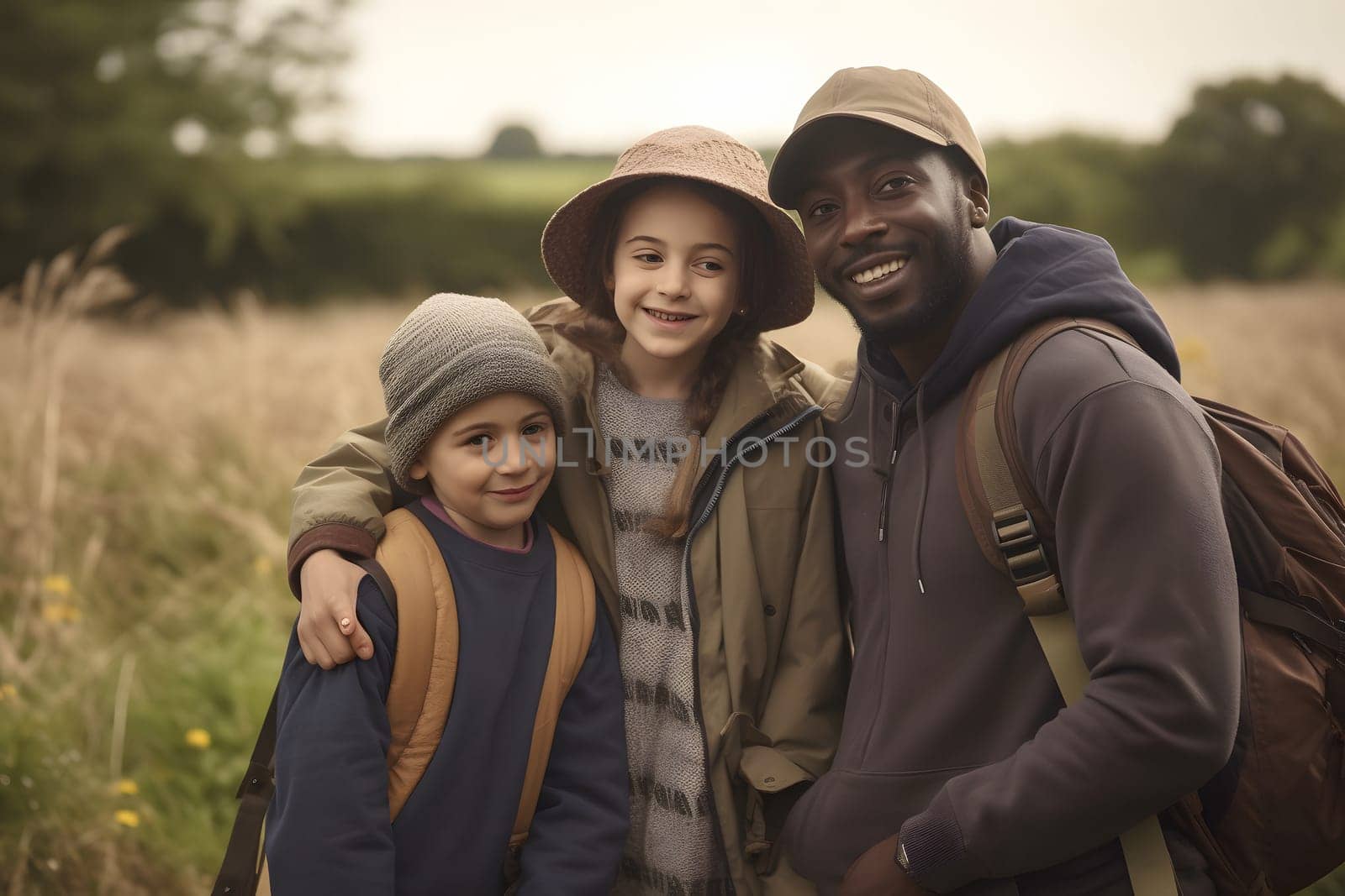 Diverse familiy at summer farmland at day light. Neural network generated in May 2023. Not based on any actual person, scene or pattern.