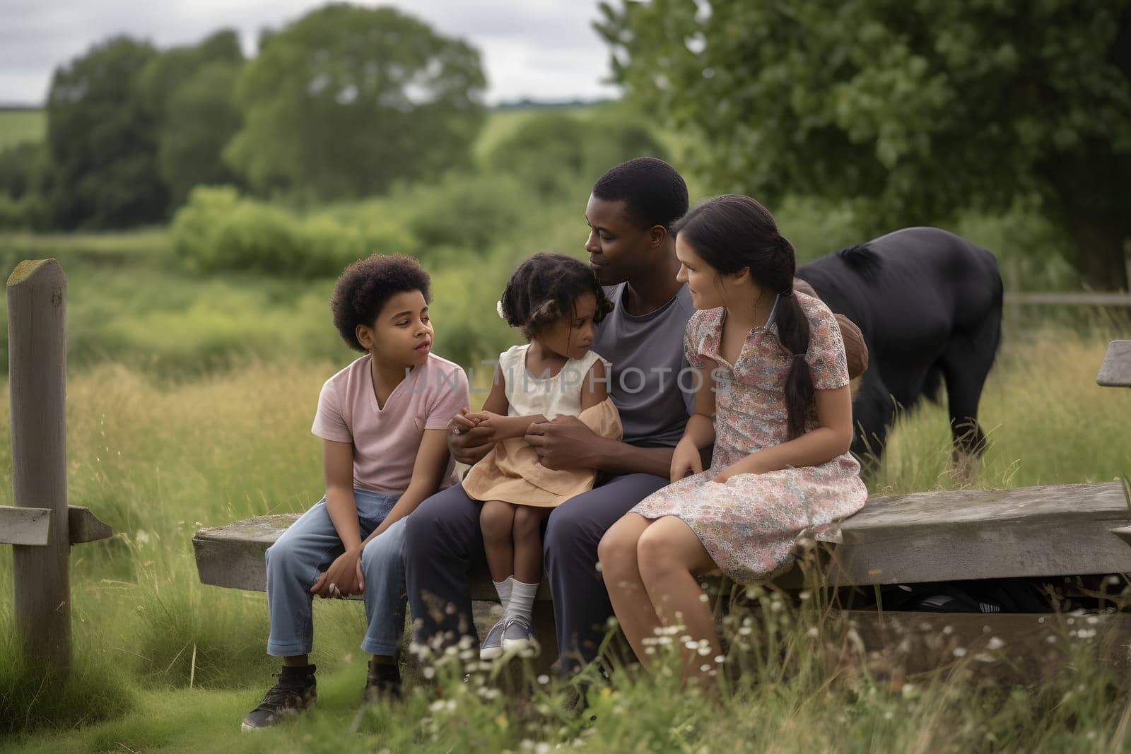 Diverse familiy at summer farmland at day light. Neural network generated in May 2023. Not based on any actual person, scene or pattern.