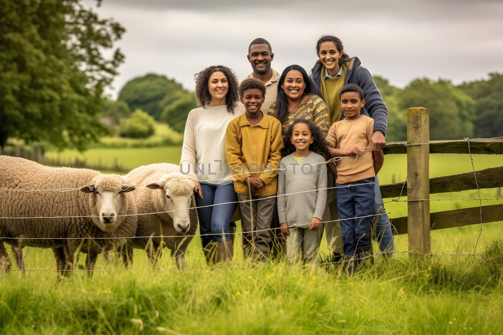Diverse familiy at summer farmland at day light. Neural network generated in May 2023. Not based on any actual person, scene or pattern.