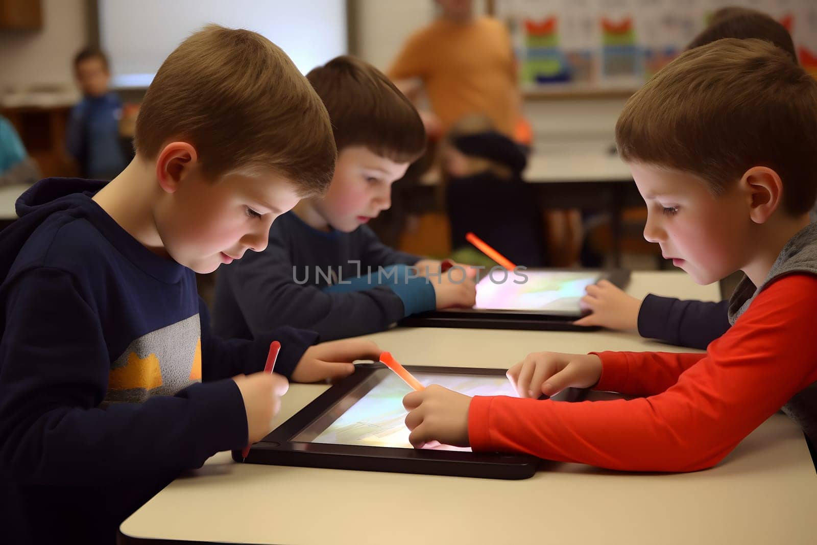 children students in school classroom using tablet computers during erducation process, photorealistic. Neural network generated in May 2023. Not based on any actual person, scene or pattern.