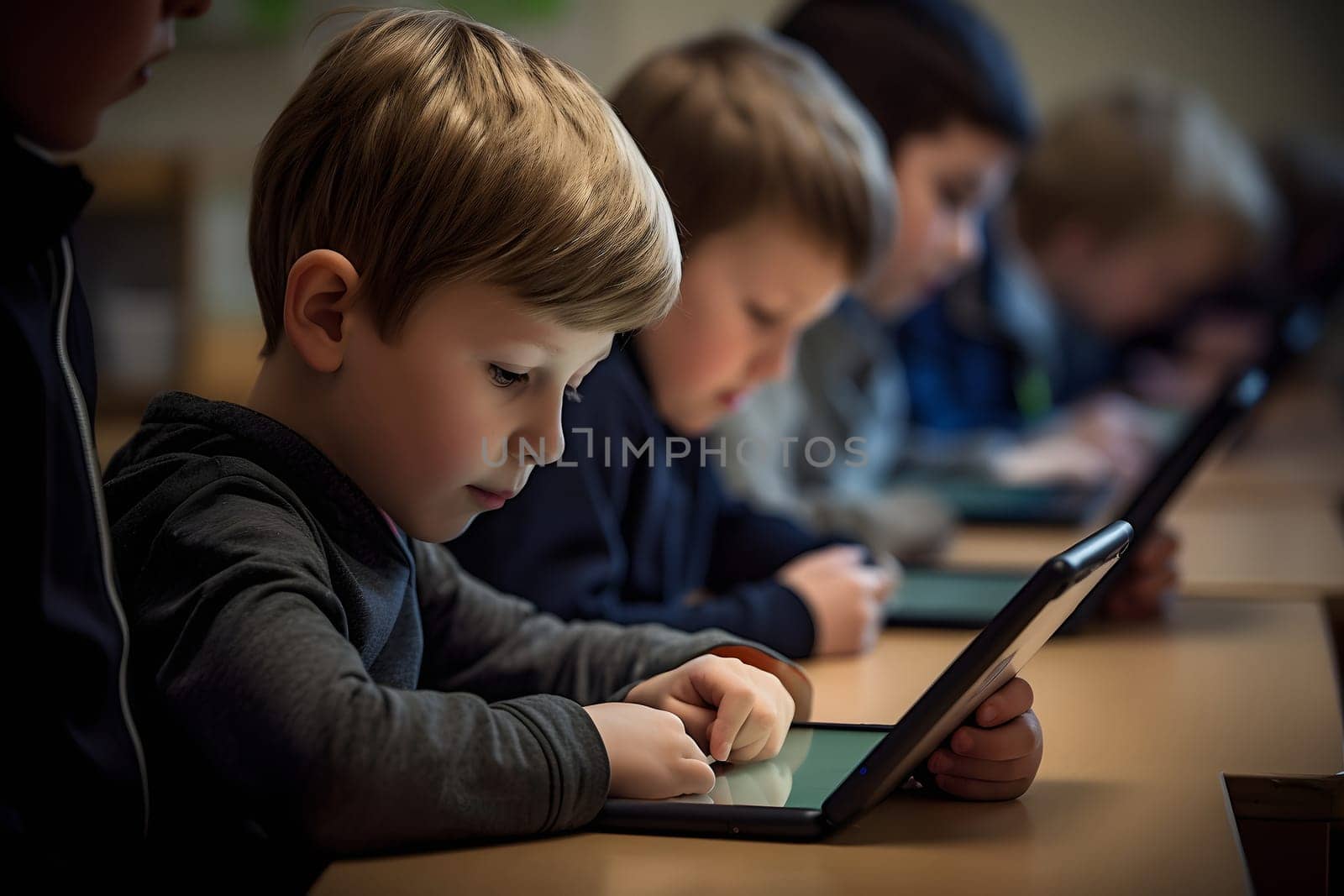 children students in school classroom using tablet computers during erducation process, photorealistic. Neural network generated in May 2023. Not based on any actual person, scene or pattern.