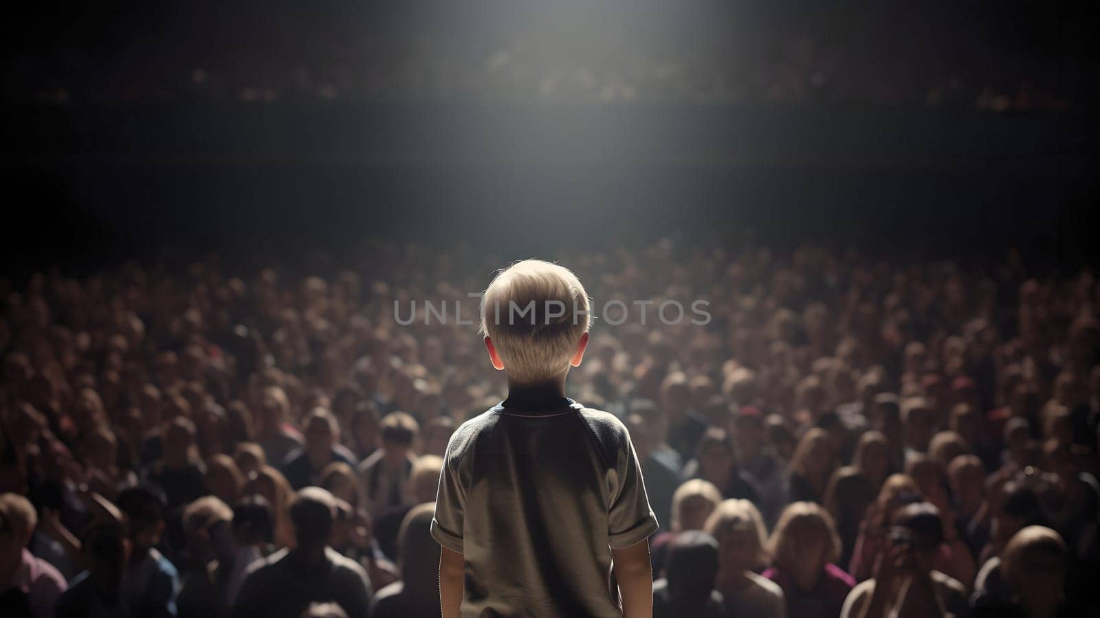 Small child gives a speech on stage in front of thousands people crowd, view from behind. Neural network generated in May 2023. Not based on any actual person, scene or pattern.
