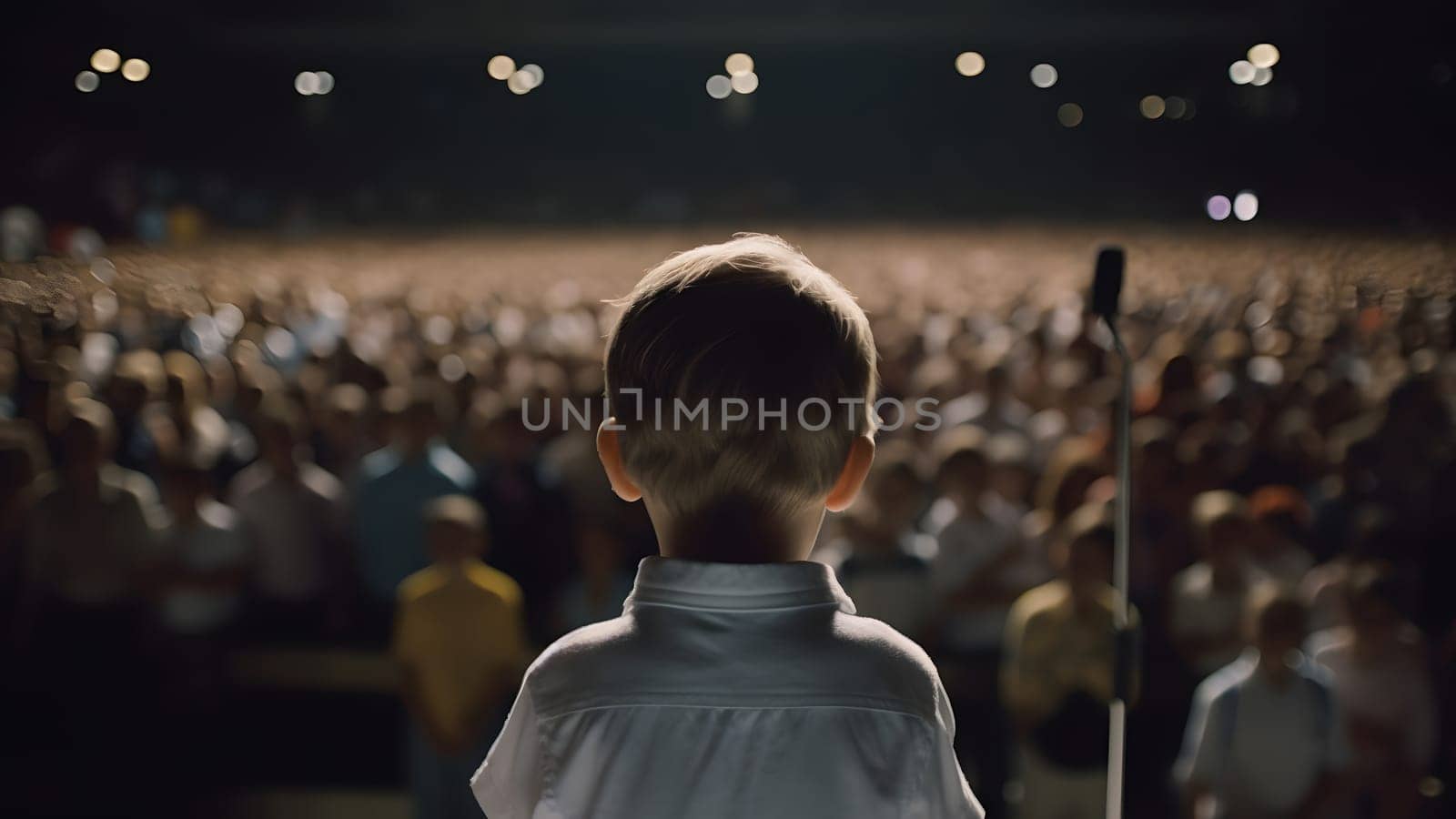 Small child gives a speech on stage in front of thousands people crowd, view from behind. Neural network generated in May 2023. Not based on any actual person, scene or pattern.