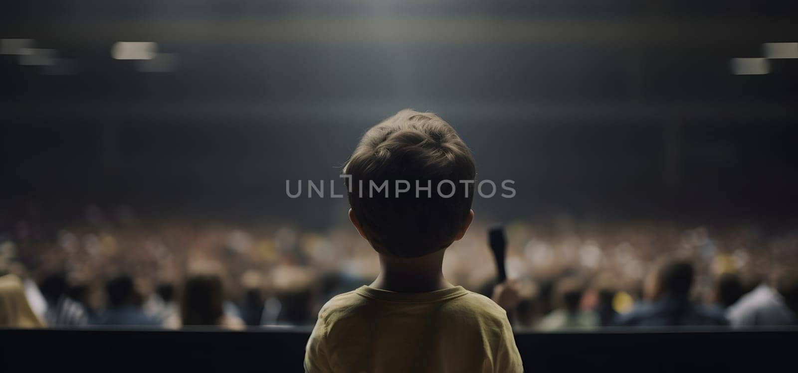 Small child gives a speech on stage in front of thousands people crowd, view from behind. Neural network generated in May 2023. Not based on any actual person, scene or pattern.