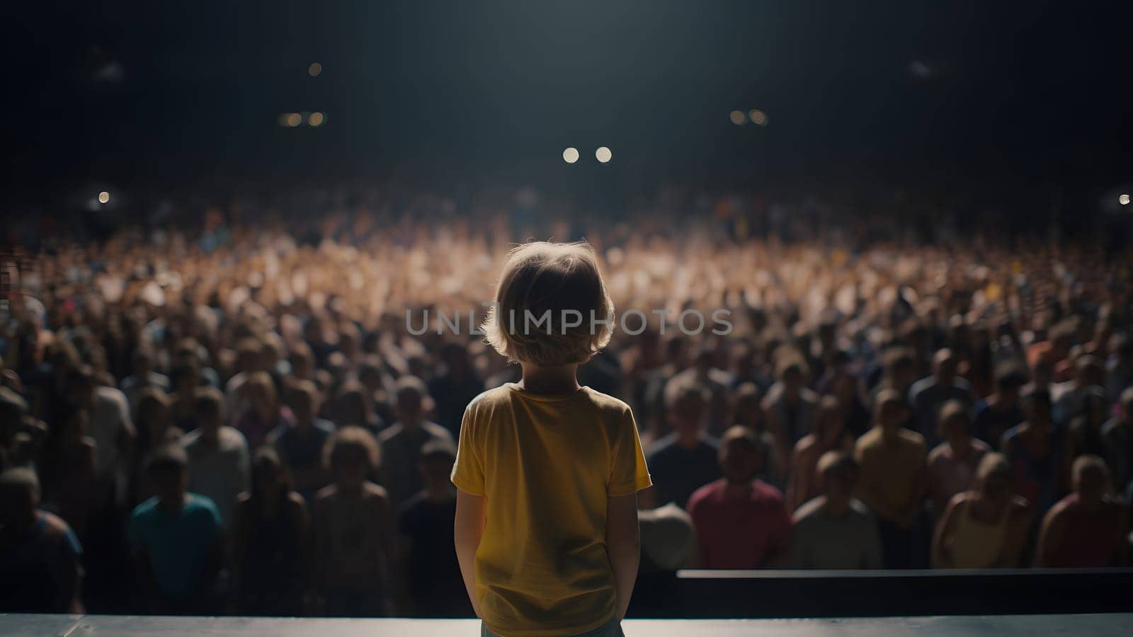 Small child gives a speech on stage in front of thousands people crowd, view from behind. Neural network generated in May 2023. Not based on any actual person, scene or pattern.