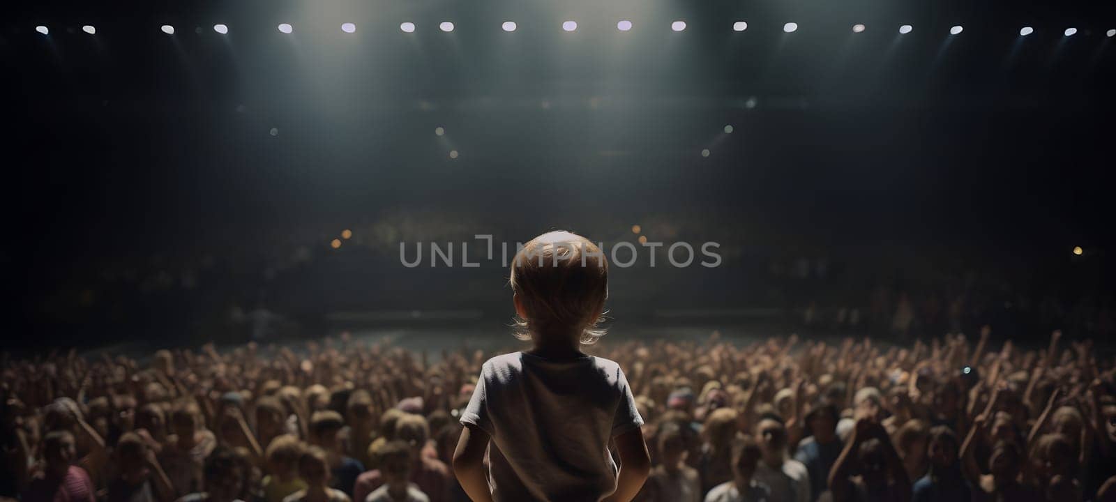 Small child gives a speech on stage in front of thousands people crowd, view from behind. Neural network generated in May 2023. Not based on any actual person, scene or pattern.