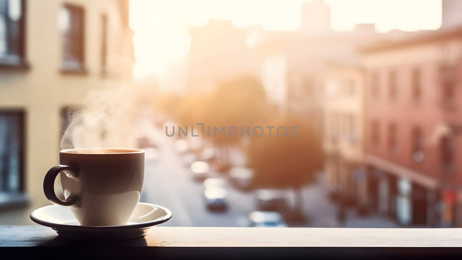 hot coffee cup on windowsill with blurry morning city in the background, neural network generated image by z1b