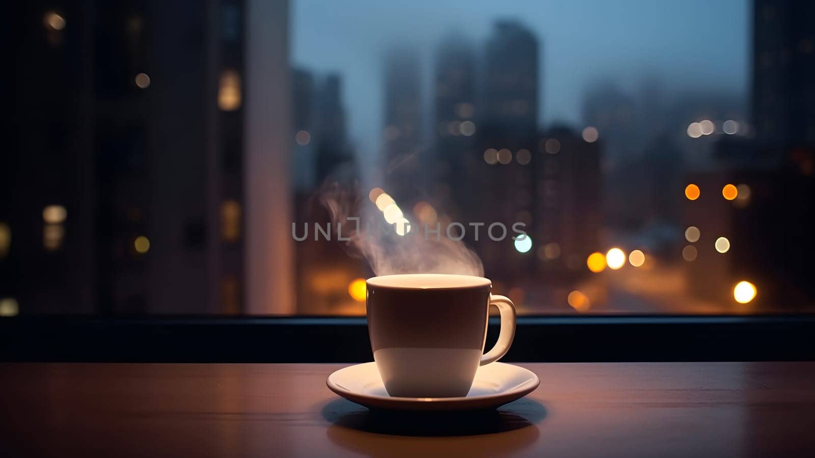 hot coffee cup on windowsill with blurry night city in the background, neural network generated image by z1b