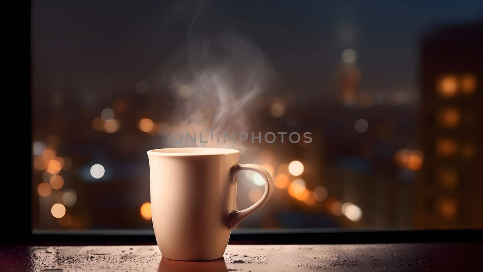 hot coffee cup on windowsill with blurry night city in the background, neural network generated image by z1b