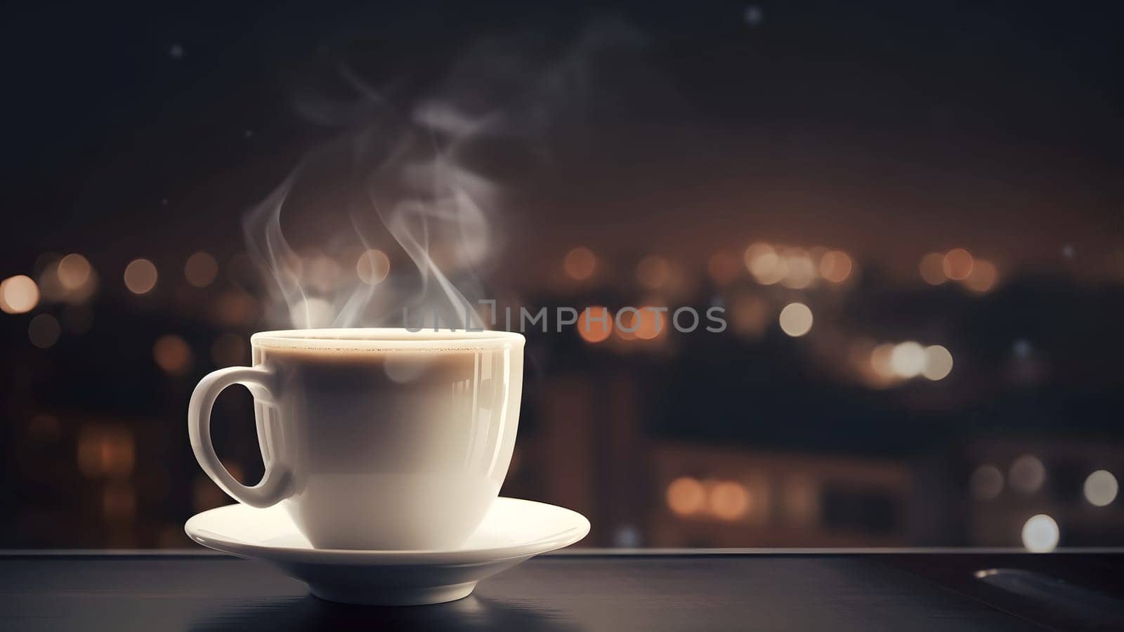 hot coffee cup on windowsill with blurry night city in the background, neural network generated image by z1b