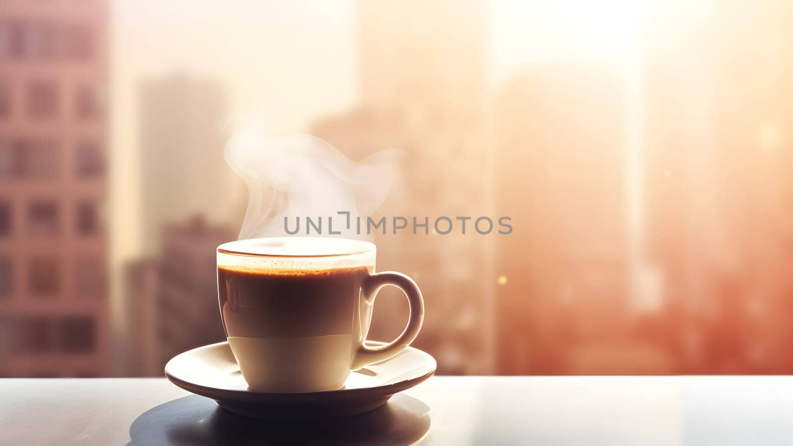 hot coffee cup on windowsill with blurry morning city in the background. Neural network generated in May 2023. Not based on any actual person, scene or pattern.