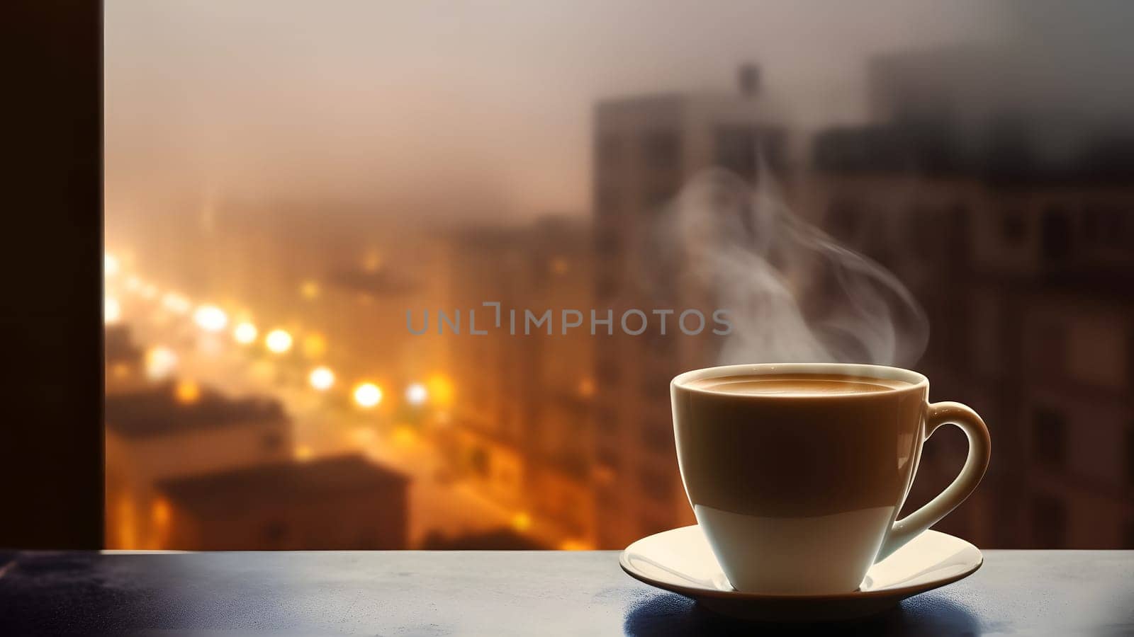 hot coffee cup on windowsill with blurry night city in the background, neural network generated image by z1b