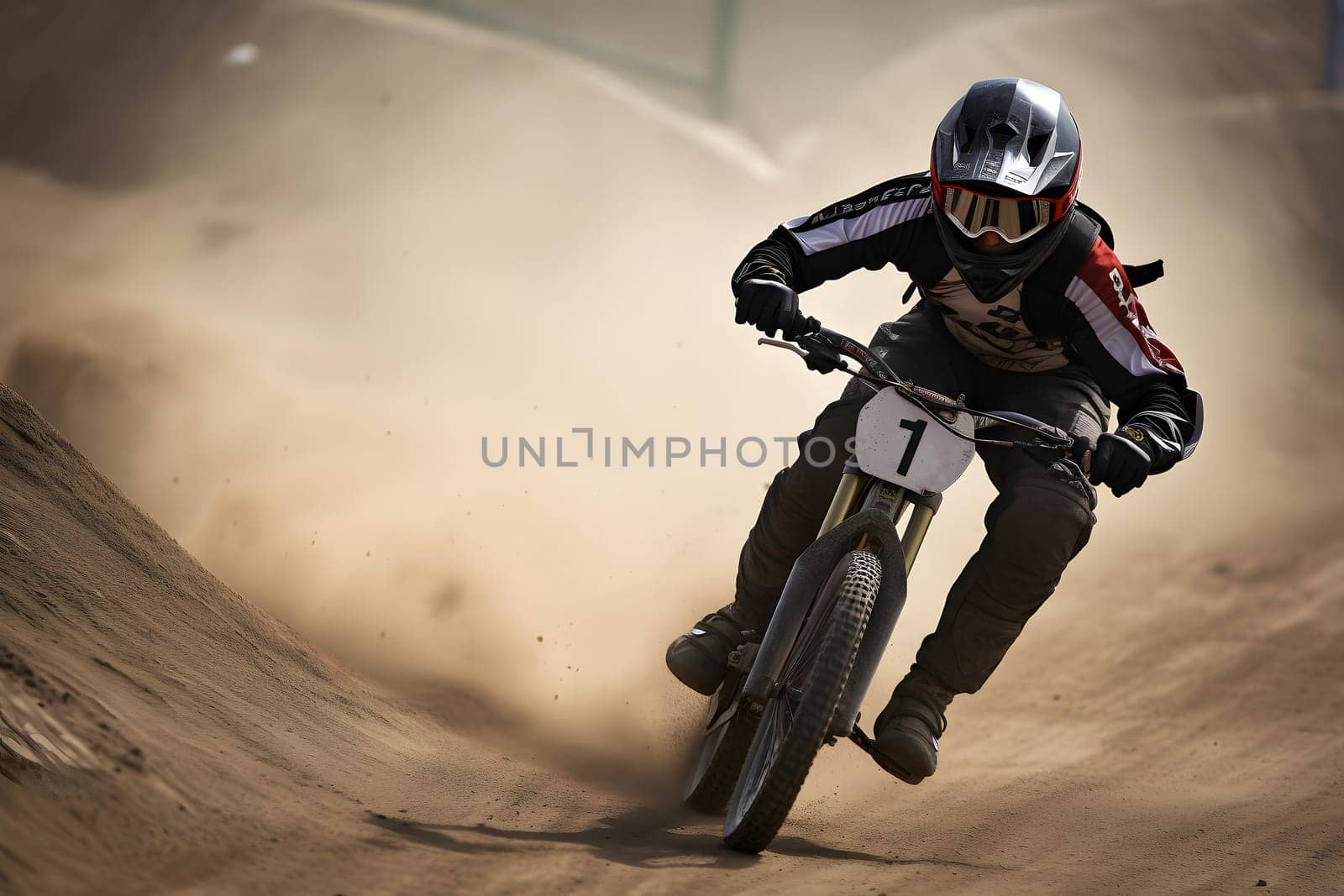 Extreme sport BMX racing at daytime. Neural network generated in May 2023. Not based on any actual person, scene or pattern.