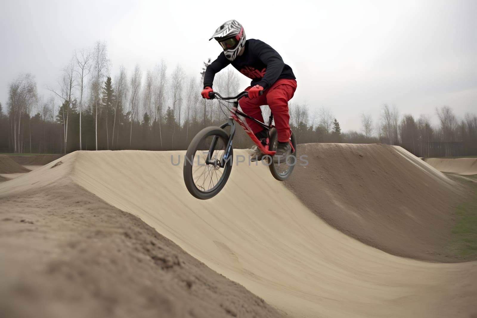 Extreme sport BMX racing at daytime. Neural network generated in May 2023. Not based on any actual person, scene or pattern.